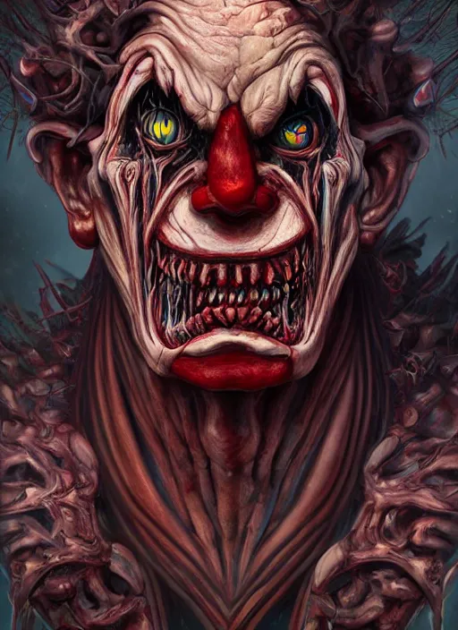 Image similar to evil horror clown, monster anatomy, ross tran, vivid colors, anatomical, highly detailed sculpture, intricate detailed, ommatidia, 8 k, cinematic atmosphere, post - processing