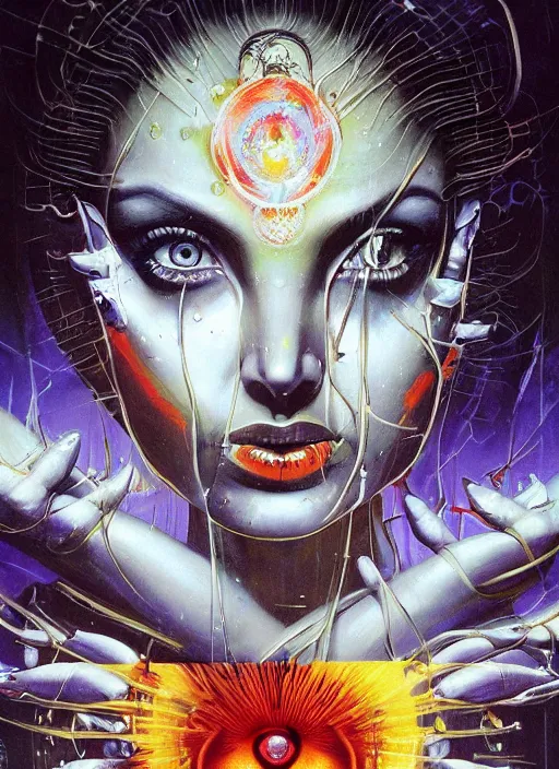 Prompt: enlightened cult psychic woman, symmetrical painted face, third eye, energetic consciousness psychedelic scene, epic surrealism expressionism symbolism, story telling, iconic, dark robed, oil painting, dark myth mythos, by Sandra Chevrier , Bruce Pennington, masterpiece