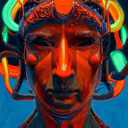 Image similar to olympian god starring into the camera, fixed eyes, flowing black coat with glowing neon orange trim, inside a museum, colorful, surreal, dramatic lighting, face, detailed, intricate, elegant, highly detailed, digital painting, artstation, chalk, concept art, smooth, sharp focus, illustration, art by sam spratt, dan mumford, artem demura and alphonse mucha