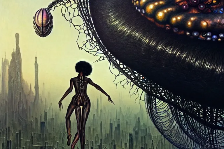 Image similar to realistic detailed closeup portrait movie shot of a beautiful black woman riding a giant spider, dystopian city landscape background by denis villeneuve, amano, yves tanguy, alphonse mucha, max ernst, ernst haeckel, edward robert hughes, roger dean, cyber necklace, rich moody colours, sci fi patterns, wide angle