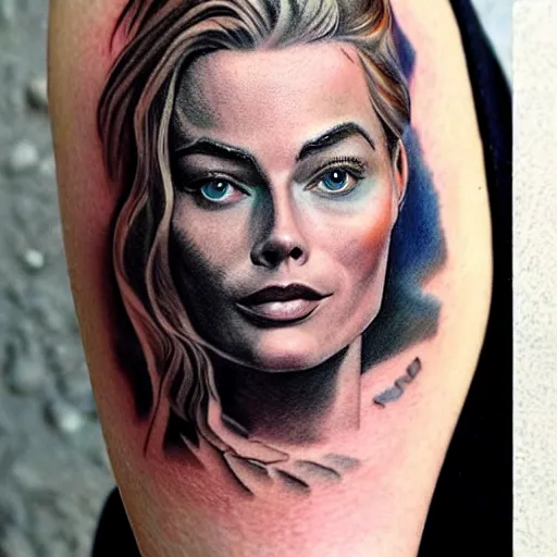 Image similar to face morph tattoo design sketch of margot robbie blended in beautiful mountain scenery, in the style of arlo dicristina, amazing detail