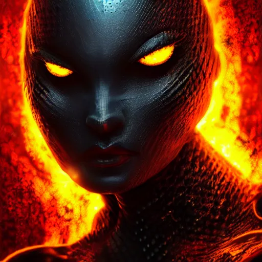 Image similar to dark art, Hot reptile humanoid woman, wearing armor, glowing yellow eyes, burning world, futuristic, digital art, artstation, concept art, 4k, 8k