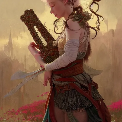 Image similar to elf fairy with a lute wearing a cardigan, blonde, highly detailed, intricate, digital painting, artstation, sharp focus, illustration, art by jakub rozalski, greg rutkowski, artgerm, tan zi and ayanamikodon and alphonse mucha and wlop