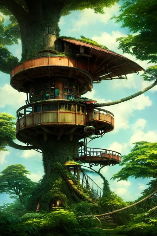 Prompt: treehouse, solarpunk studio ghibli, jean - baptiste monge, octane render, 4 k