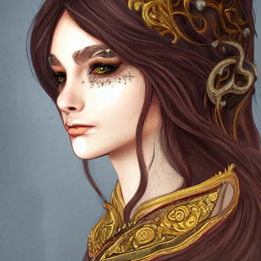 Prompt: A beautiful detailed portrait of a tempting young beautiful female fantasy sorceress with fair skin and long dark brown hair dressed in ornate magical clothing by Kirbi Fagan, trending on artstation