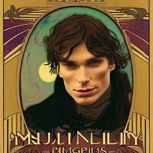 Image similar to cillian murphy portrait by louis - theophile hingre and alphonse mucha, realistic, sharp focus, zodiac signs, tarot cards, planets, ethereal, art nouveau, magic, moon, sun, crown, dreamy, royal, jewellery