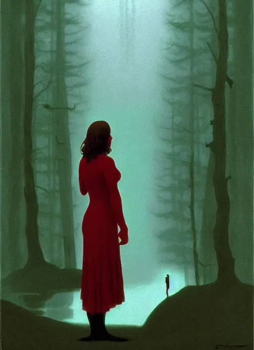 Prompt: twin peaks poster art, from scene from twin peaks, by jeffrey catherine jones, michael whelan, rossetti bouguereau, artgerm, retro, nostalgic, old fashioned, portrait of jennifer connelly standing in a mysterious pond, the supernatural entities may come