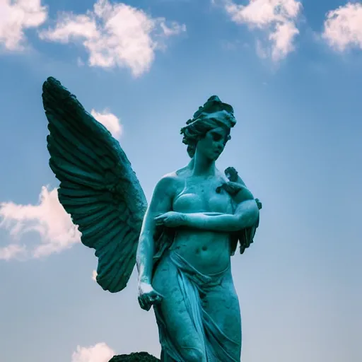 Image similar to venus, nike, the winged victory of samothrace statue made of turquoise crystal on a rock in the clouds dramatic low light volumetric lighting epic towering clouds central composition stylised