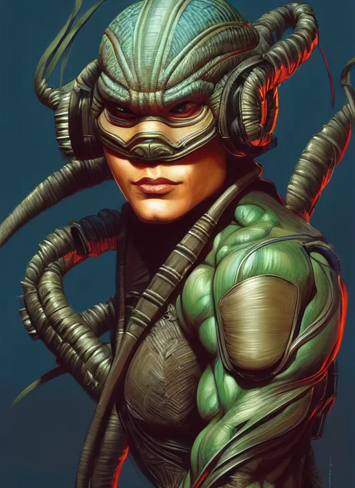 Image similar to portrait of streampunk!! ninja turtle, muscular, intricate, elegant, highly detailed, digital painting, artstation, concept art, smooth, sharp focus, illustration, art by artgerm and greg rutkowski and alphonse mucha