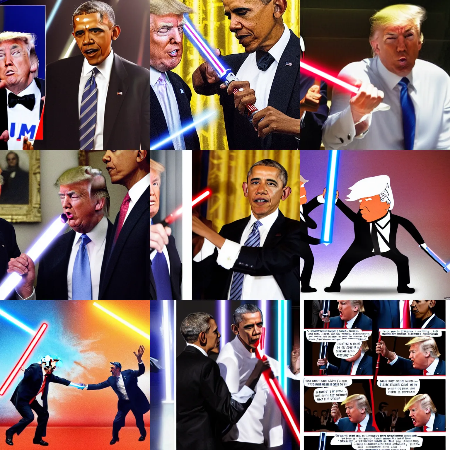 Prompt: donald trump and obama in a light saber fight
