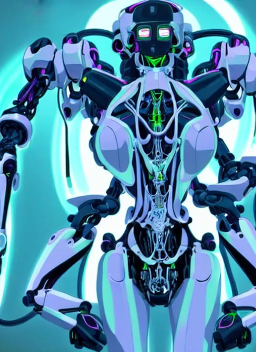 Prompt: a slim woman with long white hair and dark skin in a hyperdetailed MECHA with biomechanical powered exoskeleton inside a white science lab, neon colors