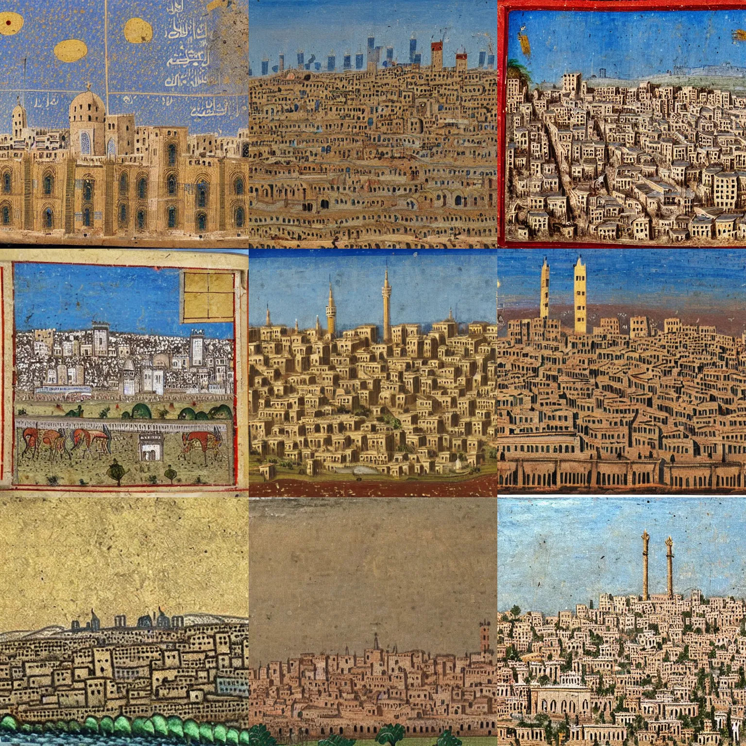 Prompt: high - quality painting of the skyline of damascus, 1 2 th century, arabic miniature.