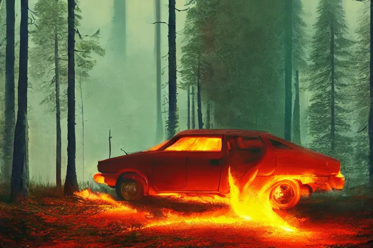 Image similar to burning car standing in a beautiful swedish forest, highly detailed, hyperrealistic, very sharp focus, intricate, soft lighting, wide shot photograph, digital painting by simon stålenhag