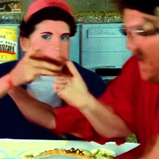 Image similar to A still from a VHS instructional tape for fast food workers