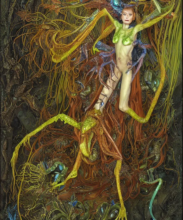 Prompt: a portrait photograph of a fierce sadie sink as an alien harpy queen with blue slimy amphibian skin. she is trying on evil bulbous slimy organic membrane fetish fashion and transforming into a fiery succubus amphibian mantis. by donato giancola, walton ford, ernst haeckel, brian froud, hr giger. 8 k, cgsociety