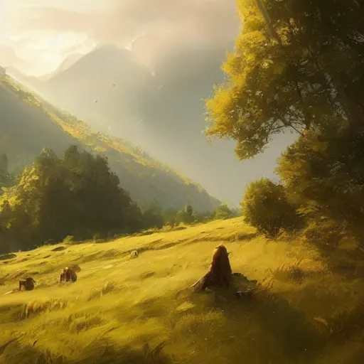 Image similar to summer meadow, hills, landscape, concept art, style of Greg Rutkowski,