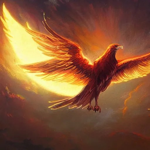 Image similar to phoenix flying in front of the moon, glowing light, fire, oil painting by greg rutkowski, 8 k