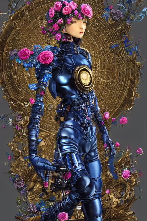 Image similar to full body head to toe portrait of a flowerpunk sci-fi cyborg ninja, third person, D&D, sci-fi fantasy, intricate, blue and gold, daisy and rose and peony, highly detailed, art by Range Murata, highly detailed, 3d, octane render, bright colors, digital painting, trending on artstation, sharp focus, illustration style of Stanley Artgerm, dramatic background