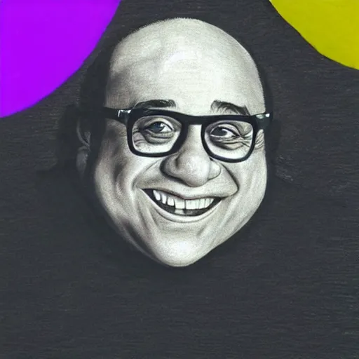 Prompt: children's drawing of danny devito done with crayons, crude