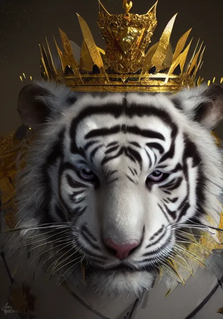 Image similar to furry art, watercolor of a white tiger king with gold crown and blue king suit, concept art, portrait, super detailed, 4 k hd, trending on artstation, deviantart, octane render, cry engine, unreal engine 8 k, cycles x, digital painted, low contrast, made by greg rutkowski and viktoria gavrilenko