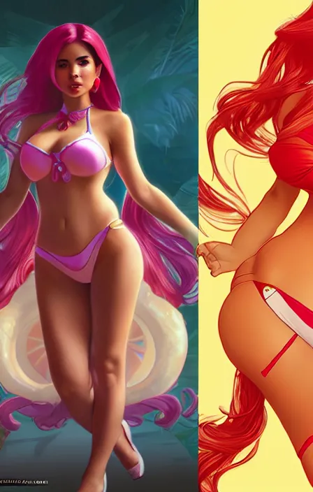 Image similar to Demi Rose Cosplaying as Lina from Dota 2, modeling, posing, playboy bunny, gta 5 skin tone, Tooth Wu Artgerm Alphonse Mucha Beeple, 8k, fanart, extreme aesthetic