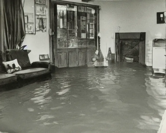 Prompt: An award winning photo of 1970's living room flooded with water, 4k, color Polaroid photo
