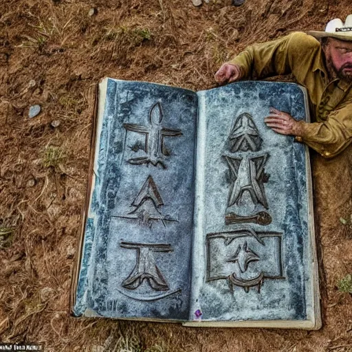 Prompt: a cowboy stumbles upon an open grave that contains a mystical book that could lead to all the secrets of life but not knowing how to read leads the cowboy to become very frustrated