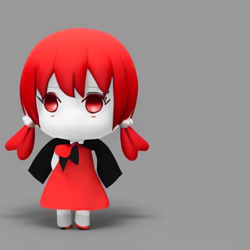 Image similar to cute fumo plush of a girl with a distinctive character silhouette, red stripes on black, cel shaded pbr, vray