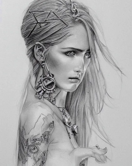 Image similar to tattoo sketch of beautiful greek goddess aphrodite with arrow earrings, beautiful piercing eyes, flowing blonde hair, realistic face, hyper realistic, in the style of greg rutkowski, fantasy, amazing detail, epic, intricate, elegant, smooth, sharp focus