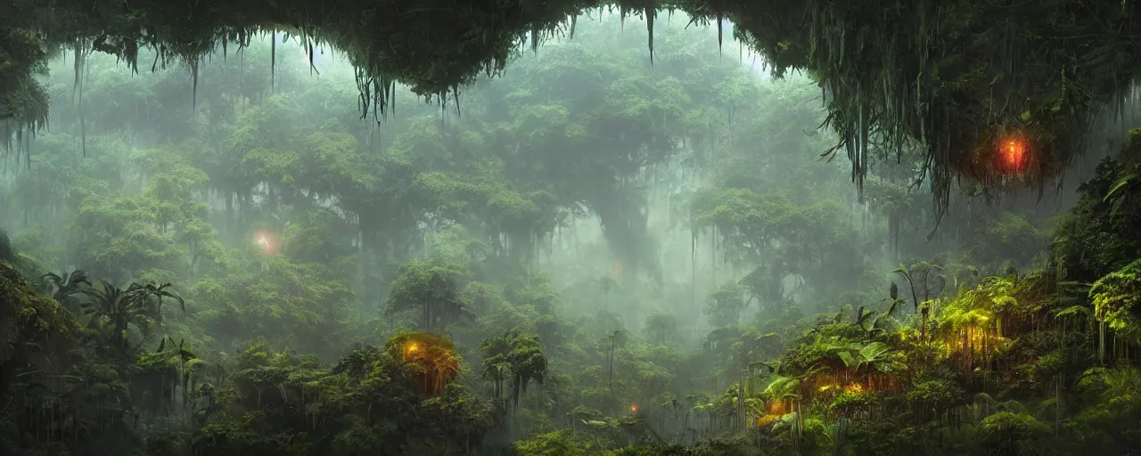 Image similar to ” outer planet with misty jungle, [ moist, wet, lush, cinematic, detailed, epic, widescreen, opening, establishing, mattepainting, photorealistic, realistic textures, octane render, art by paul lehr ] ”