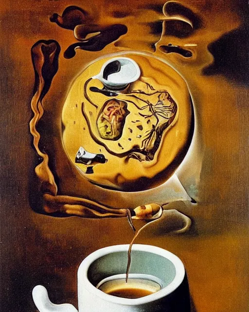 Prompt: salvador dali's 'a brain submerged in a pot of coffee', still life, far shot