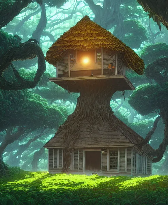 Image similar to a large, simple, schoolhouse made from exotic leaves, overgrown with huge exotic fungus, deep in the woods, sun drenched, partly cloudy, by dan mumford, yusuke murata, makoto shinkai, ross tran, cinematic, unreal engine, cel shaded, featured on artstation, pixiv