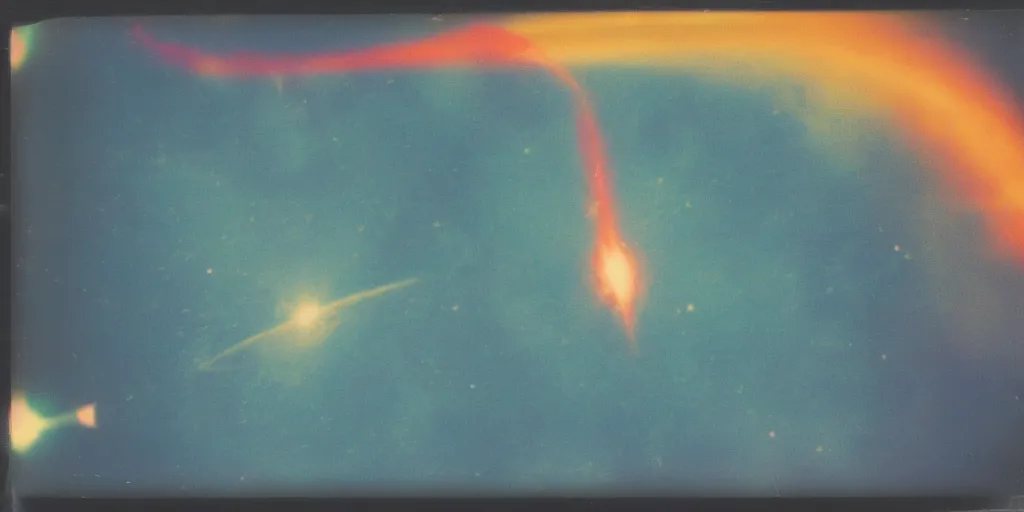 Image similar to polaroid photo of red rocket flying through space, multiple orange yellow purple galaxies visible, slight color bleed, lens flare