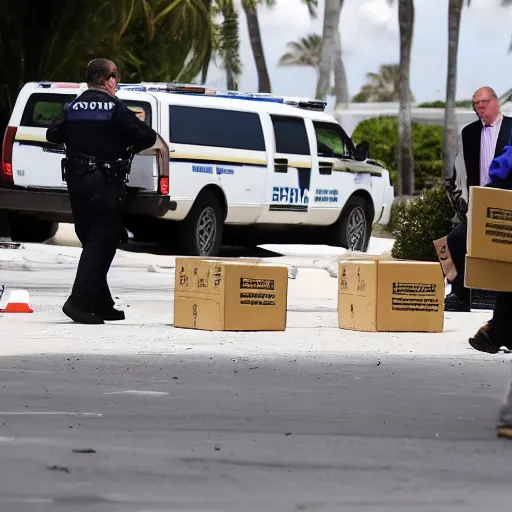 Image similar to mar-a-lago, FBI agents carrying boxes of evidence, police tape, high detail