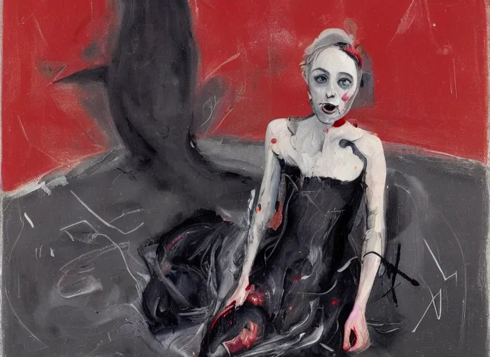 Image similar to a painting of annasophia robb bent with frozen cold stare, blood red background, transparent gray long dress, stockings, crows swarming trapped in the void as a symbol of death, in style of Francis Bacon, Ilya Kuvshinov, John Singer Sargant, impasto textures of Chaim Soutine and Frank Auerbach, American Gothic