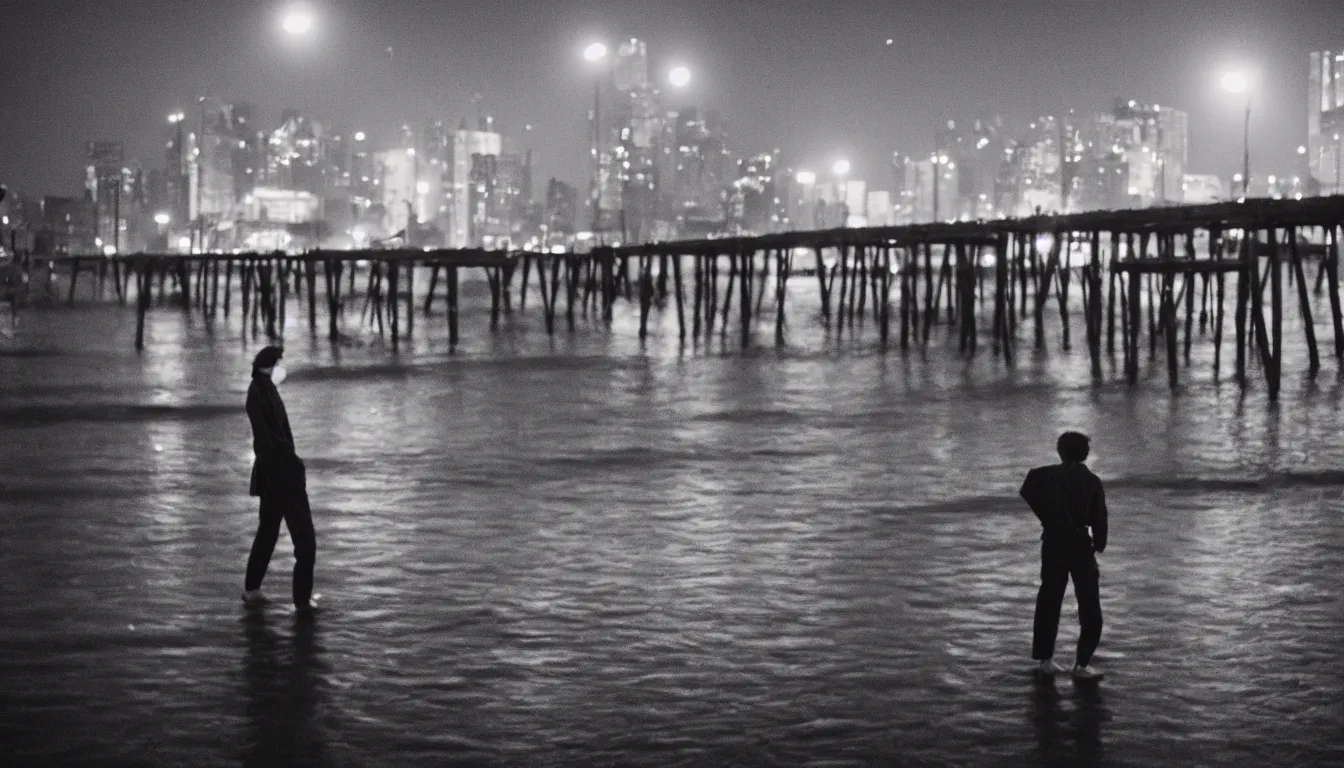 Image similar to 80s asian neon movie still with a lone man levitating over a pier by the river at night with city lights behind his back. Fallen angels movie still. hyperrealistic, photorealistic, high definition, medium format photography, highly detailed, tehnicolor, anamorphic 50mm lens