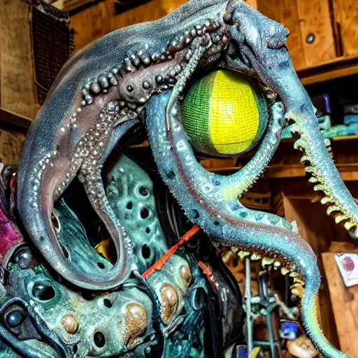 Image similar to photo taken of an epic intricate, ultra detailed, super realistic gritty, hero prop, exquisitely painted animatronic movie prop of a wet slimy grotesque nightmarish hellish cephalopod creature displayed in the workshop, created by weta workshop, full body shot, photorealistic, sharp focus