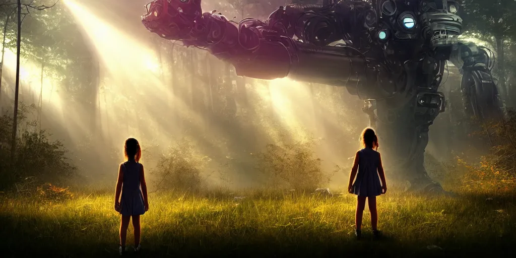 Prompt: textless sci - fi scene future overgrown new york city street, little girl alone in manhattan holding the left hand of giant robot, forest punk, crepuscular rays, epic scene, hyper realistic, photo realistic, overgrowth, cinematic atmosphere, ethereal lighting,