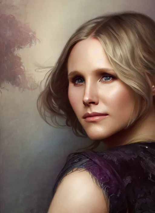 Image similar to beautiful portrait of kristen bell, soft features, by magali villeneuve and greg rutkowski and artgerm and alphonse mucha and jeremy lipkin and rob hay, intricate, elegant, highly detailed, photorealistic, trending on artstation, trending on cgsociety, 8 k, sharp focus