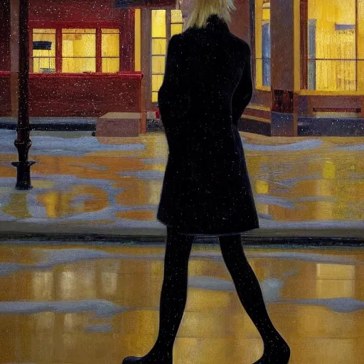 Prompt: Elle Fanning stalking her prey at night in the world of Edward Hopper and Klimt, stormy snowy weather, streetlights, extremely detailed masterpiece, oil on canvas, low-key neon lighting, artstation, Blade Runner 2049, Roger Deakin’s cinematography, by J. C. Leyendecker and Peter Paul Rubens,