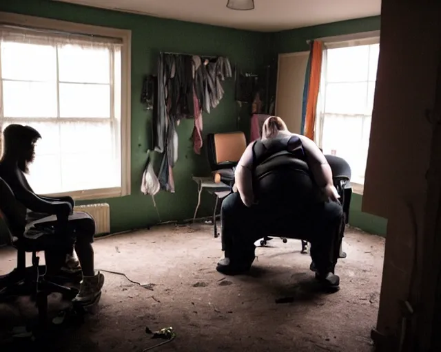 Prompt: dirty room, depression scene, very fat man in a gamer chair.