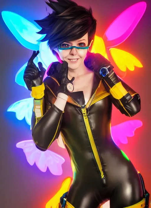Image similar to portrait bust digital artwork of tracer overwatch, wearing iridescent rainbow latex and leather straps catsuit outfit, 4 k, expressive happy smug expression, makeup, in style of mark arian, angel wings, wearing detailed leather collar, chains, black leather harness, detailed face and eyes,