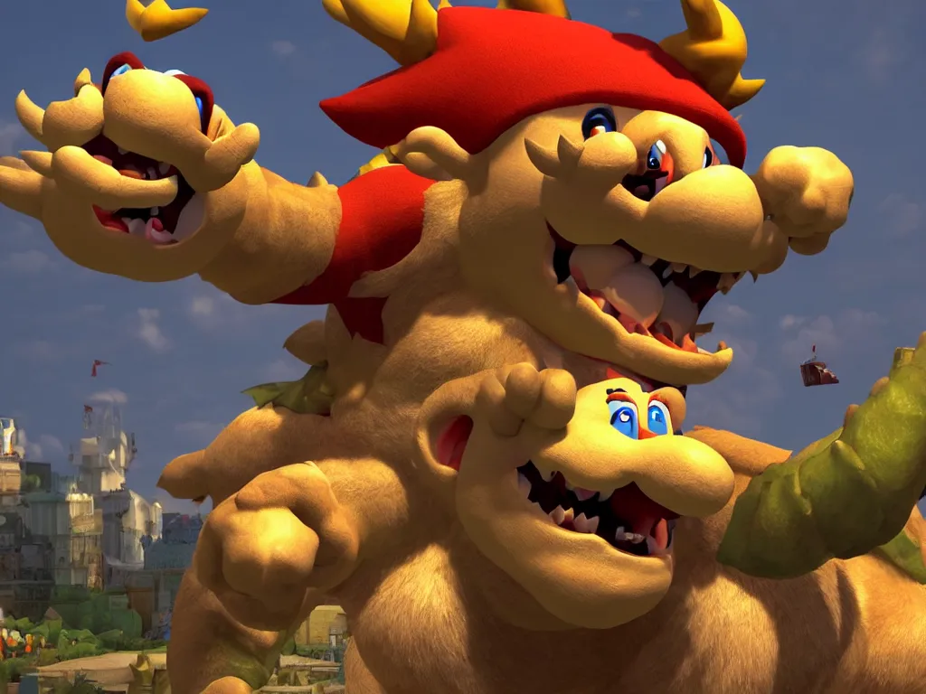 Prompt: Bowser roaring into the sky, standing upright, talons, horns, super Mario, highly detailed, unreal 5, moody atmosphere