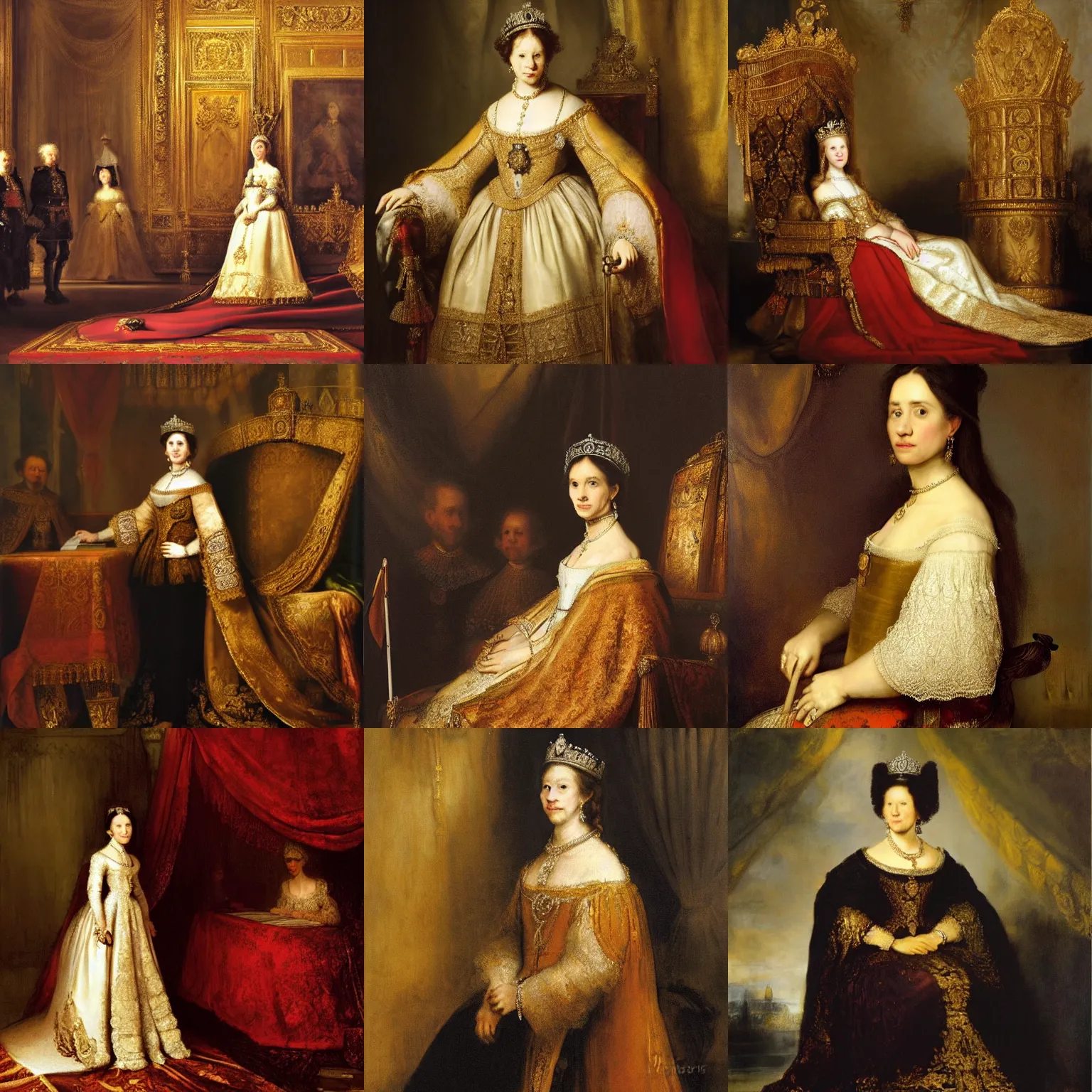 Prompt: Meghan markle Queen of England, on the throne. painting by rembrandt