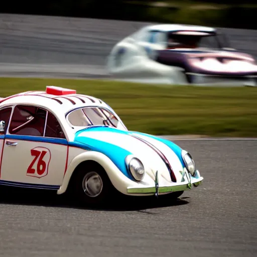 Prompt: close - up sports shot of'herbie the love bug'race car imax, 7 0 mm, movie still