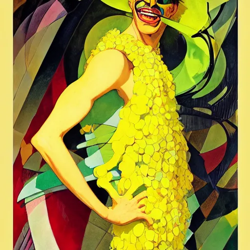 Image similar to art by joshua middleton, the yellow creeper, a tall manically smiling yellow - skinned man with green and black striped cycling shorts and wearing a long red feather boa, yellow makeup, mucha, kandinsky, poster, comic art, stylised design