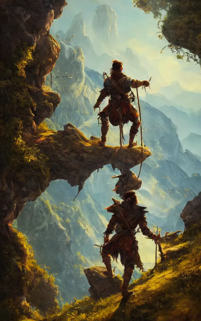 Image similar to an oil art painting of young handsome fool adventurer with adventurer hiking backpack, grim gwent card, gipsy mage adventurer character design from inquisition, climbing up a cliffside, 4 k, ultra detail, volumetric lighting, unreal engine, octane render