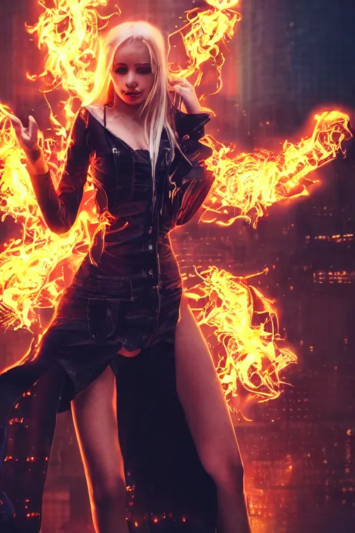 Prompt: young blonde woman with flames dancing on her hands with a long jacket in a cyberpunk city, realistic, high definition, detailed and realistic face, detailed and realistic hands, expressive eyes, 4 k, shimmering color, epic digital art