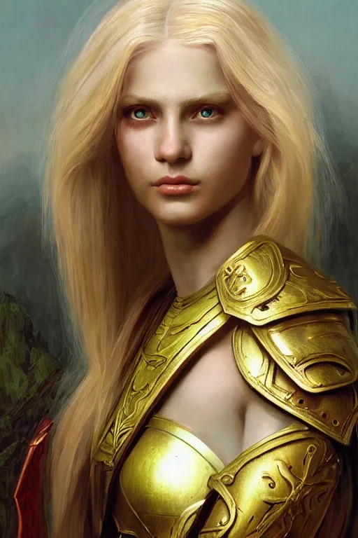 Prompt: a beautiful female angel warrior , half body portrait, blond hair, ornate armour, realistic oil painting by Thomas Cole and Wayne Barlowe and Boris Valejo