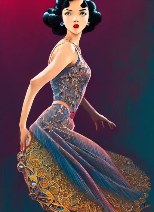 Image similar to a beautiful dancer with black hair in 1930's fashion, ballroom background, intricate, highly detailed, digital painting, artstation, official media, anime key visual, concept art, rich vivid colors, ambient lighting, sharp focus, illustration, art by Artgerm, Makoto Shinkai, Ilya Kuvshinov, Lois Van Baarle, and Rossdraws